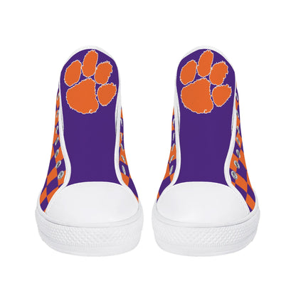 CLEMSON TIGERS - CHECKERED PATTERN - Mens High Top Canvas Shoes - PURPLE PAW LOGO TONGUE