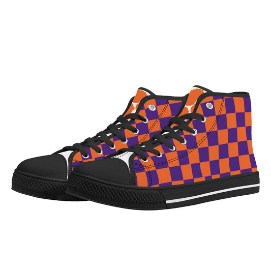 Clemson Tigers - Checkered Mens High Top Canvas Shoes - White Tongue