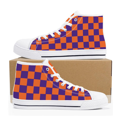Clemson Tigers - Checkered Mens High Top Canvas Shoes - White Tongue