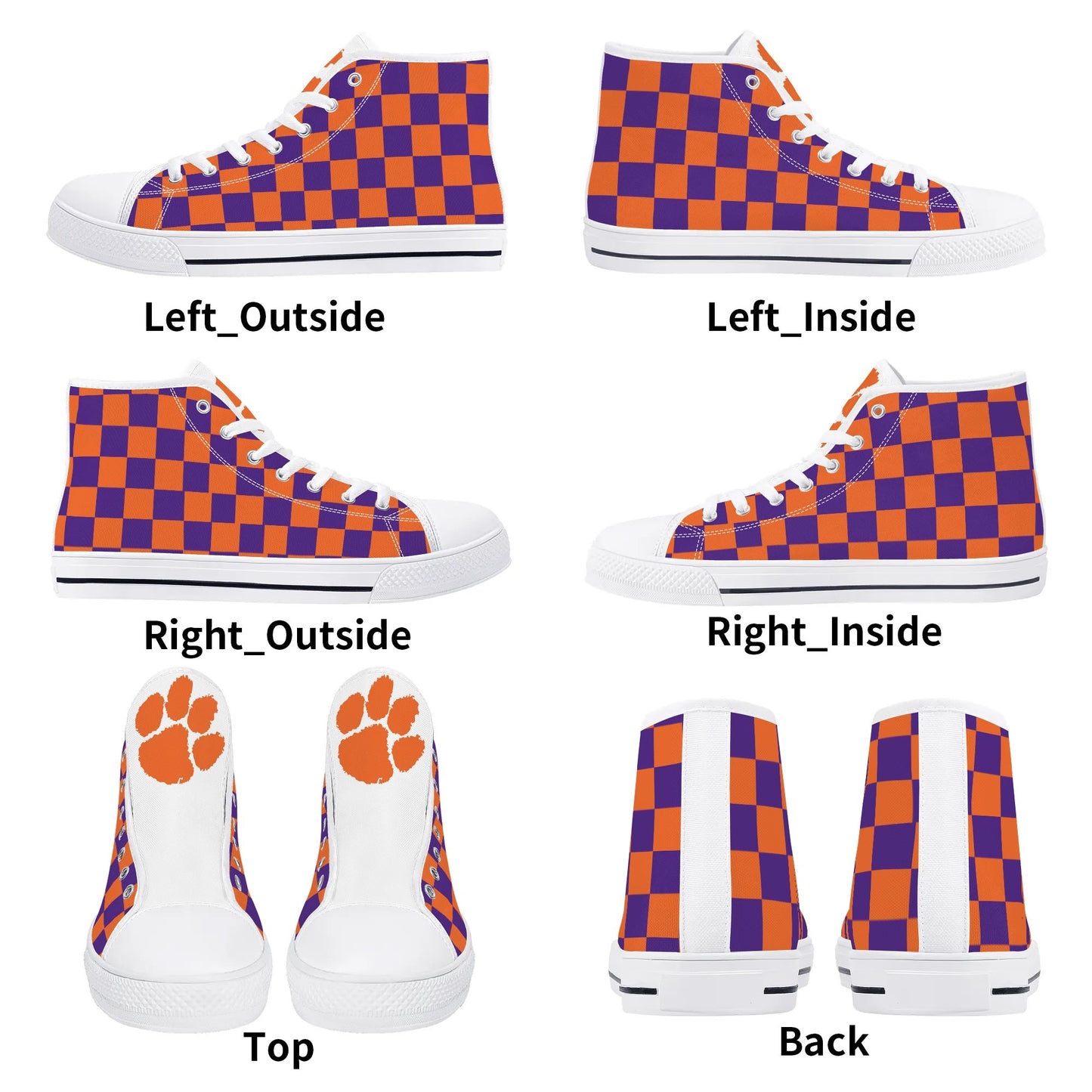 Clemson Tigers - Checkered Mens High Top Canvas Shoes - White Tongue