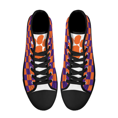 Clemson Tigers - Checkered Mens High Top Canvas Shoes - White Tongue
