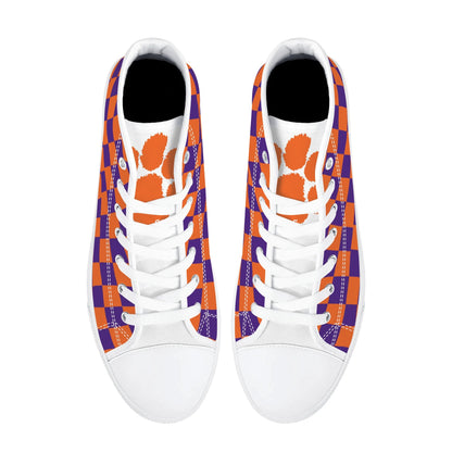Clemson Tigers - Checkered Mens High Top Canvas Shoes - White Tongue