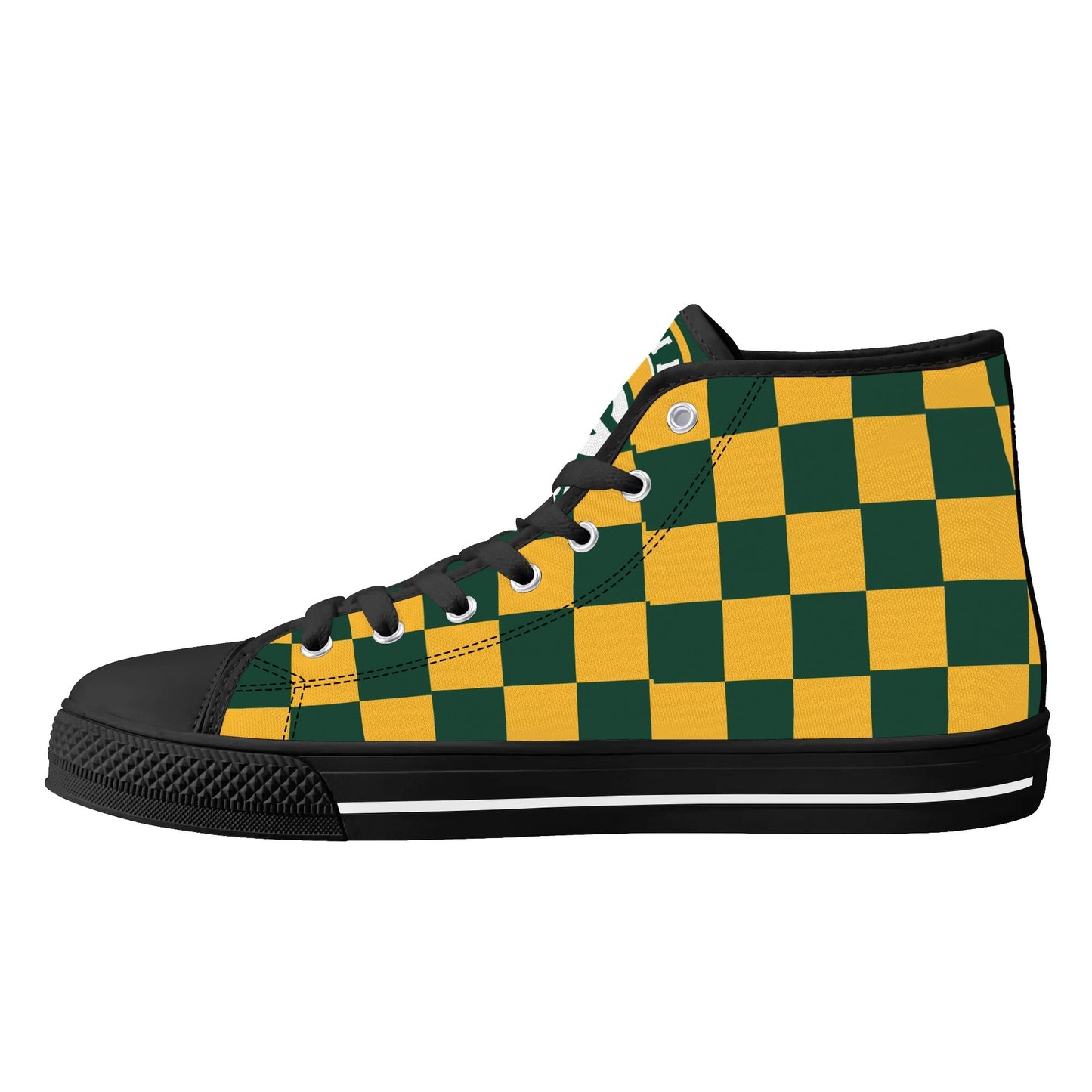 GreenBay Packers Checkered - Mens High Top Canvas Shoes - GreenBay Logo Tongue