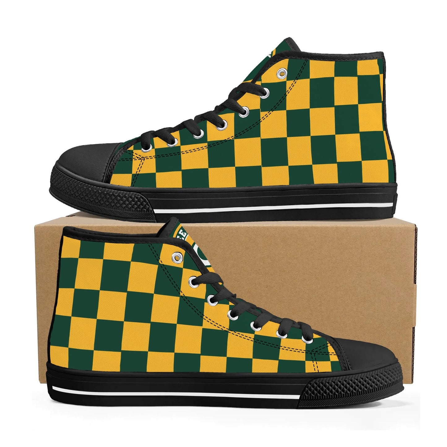 GreenBay Packers Checkered - Mens High Top Canvas Shoes - GreenBay Logo Tongue