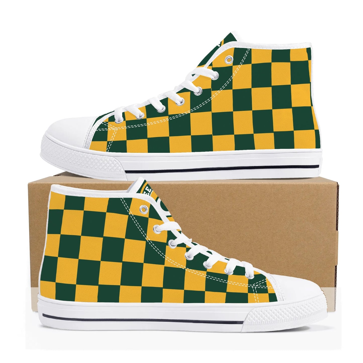 GreenBay Packers Checkered - Mens High Top Canvas Shoes - GreenBay Logo Tongue