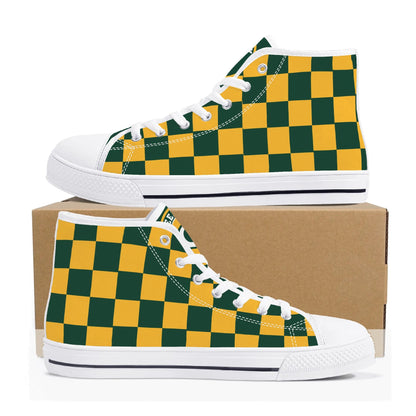 GreenBay Packers Checkered - Mens High Top Canvas Shoes - GreenBay Logo Tongue