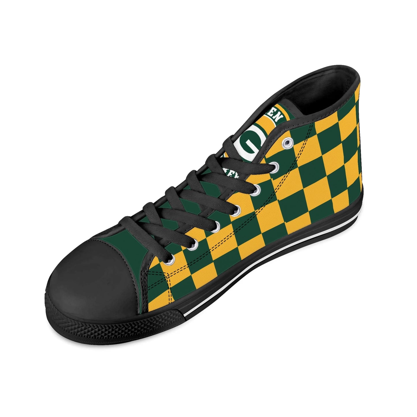 GreenBay Packers Checkered - Mens High Top Canvas Shoes - GreenBay Logo Tongue