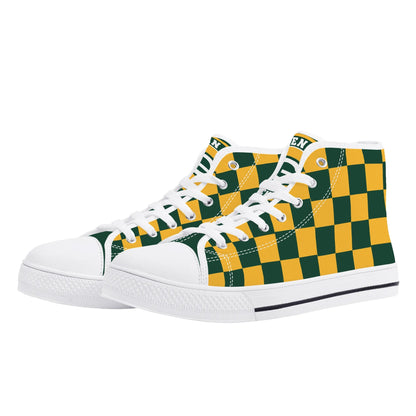 GreenBay Packers Checkered - Mens High Top Canvas Shoes - GreenBay Logo Tongue