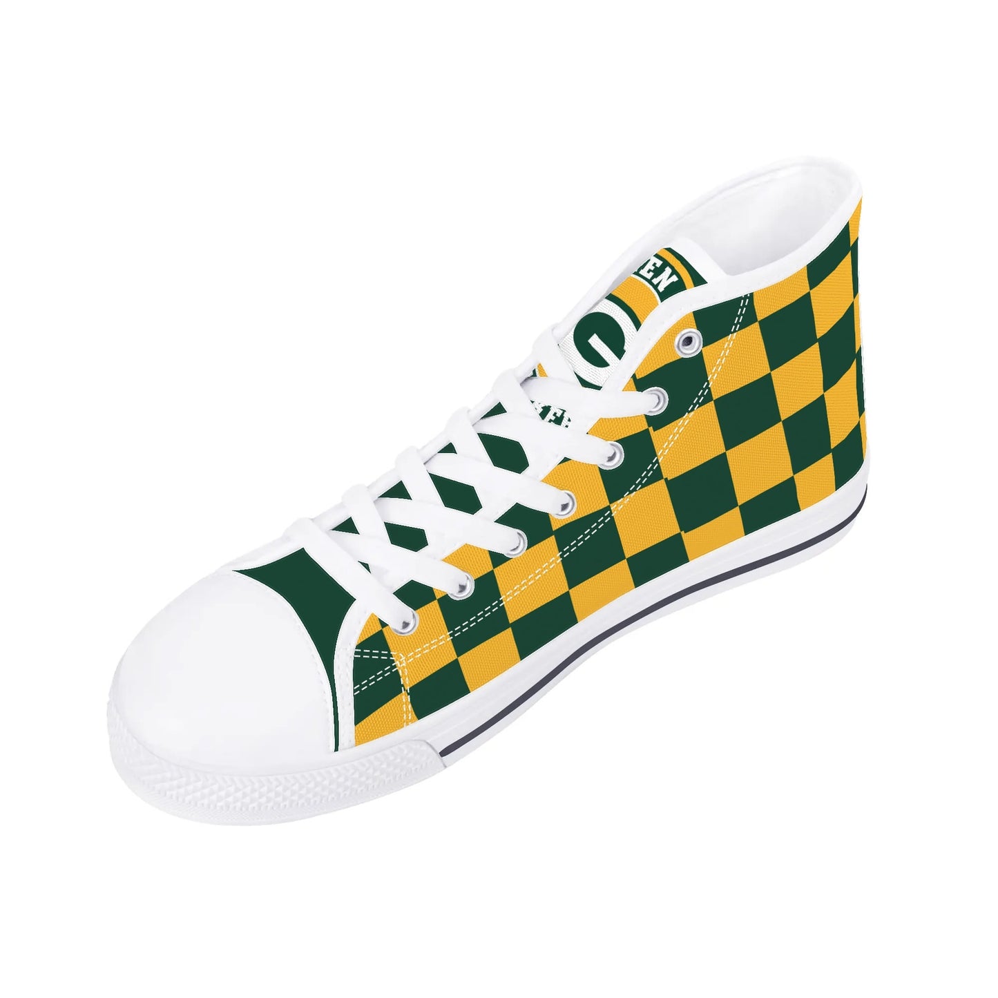 GreenBay Packers Checkered - Mens High Top Canvas Shoes - GreenBay Logo Tongue