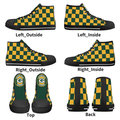 GreenBay Packers Checkered - Mens High Top Canvas Shoes - GreenBay Logo Tongue