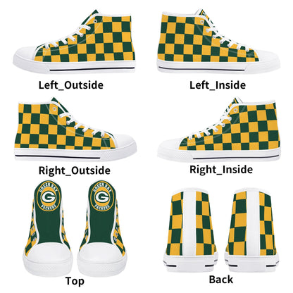 GreenBay Packers Checkered - Mens High Top Canvas Shoes - GreenBay Logo Tongue