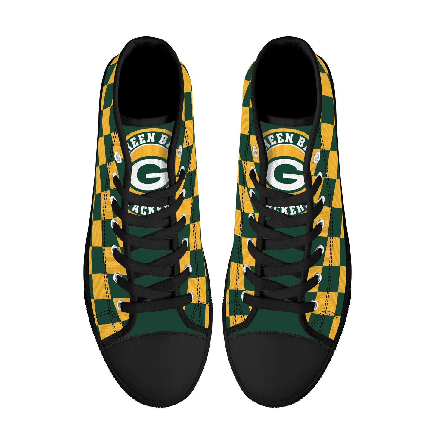 GreenBay Packers Checkered - Mens High Top Canvas Shoes - GreenBay Logo Tongue