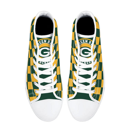 GreenBay Packers Checkered - Mens High Top Canvas Shoes - GreenBay Logo Tongue