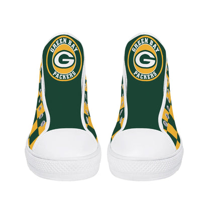 GreenBay Packers Checkered - Mens High Top Canvas Shoes - GreenBay Logo Tongue