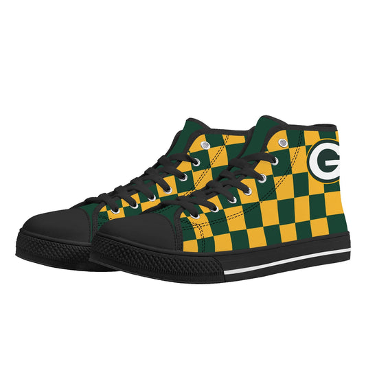 GreenBay Packers - Checkered Pattern - Mens High Top Canvas Shoes - GreenBay Green Tongue