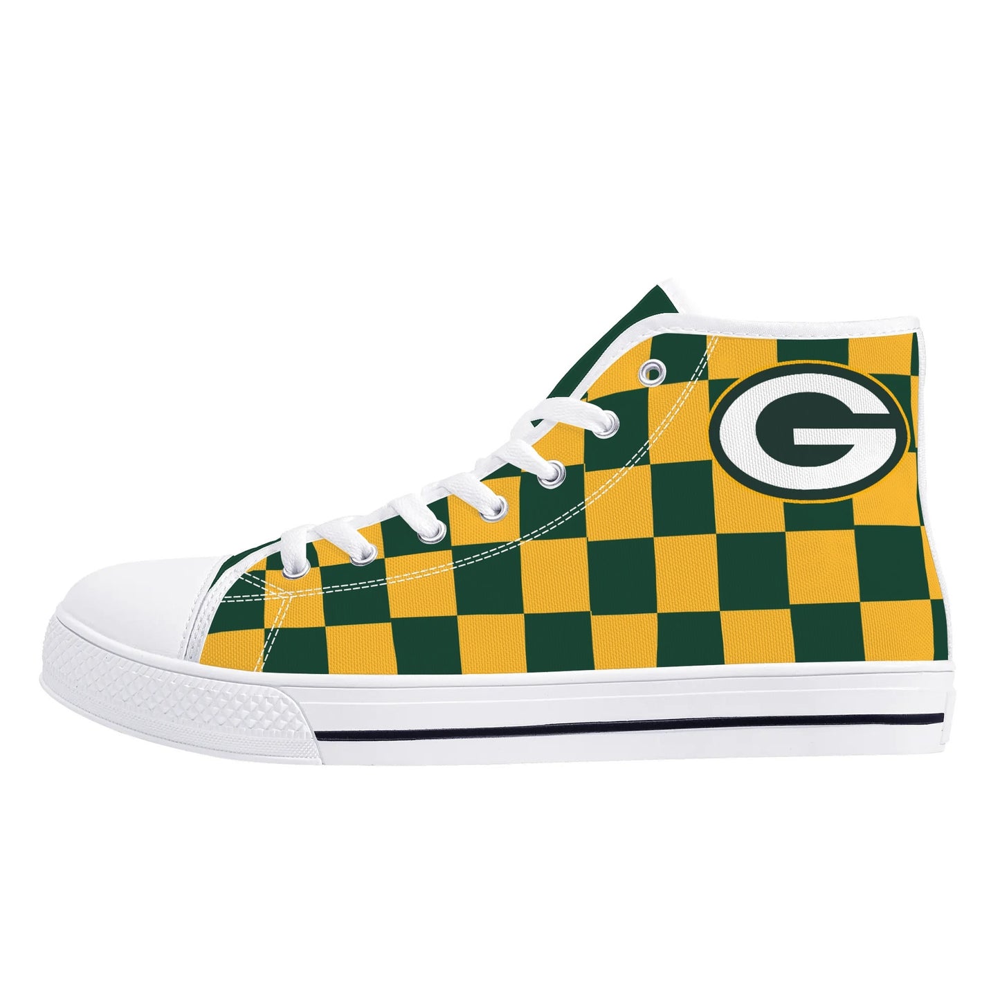 GreenBay Packers - Checkered Pattern - Mens High Top Canvas Shoes - GreenBay Green Tongue