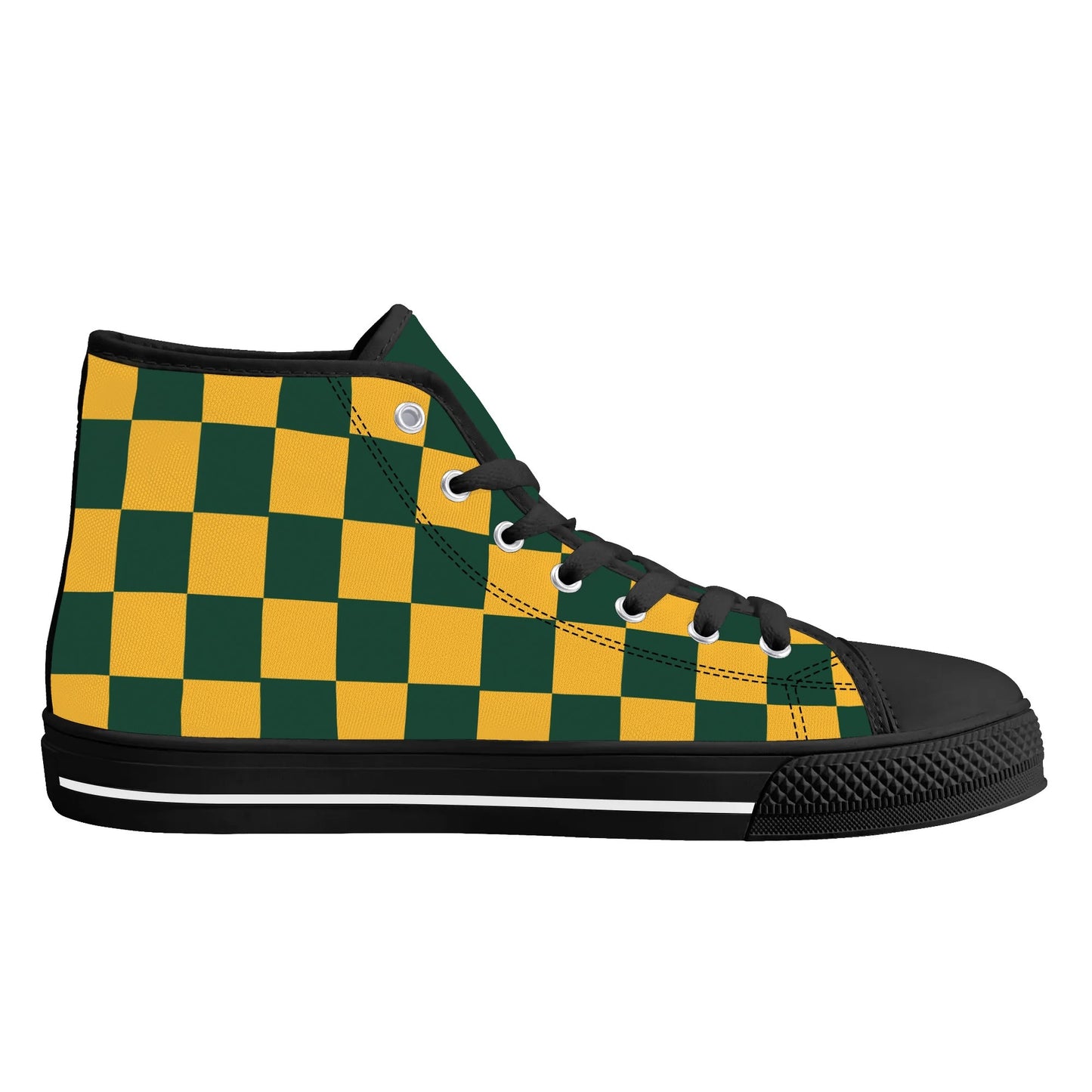 GreenBay Packers - Checkered Pattern - Mens High Top Canvas Shoes - GreenBay Green Tongue