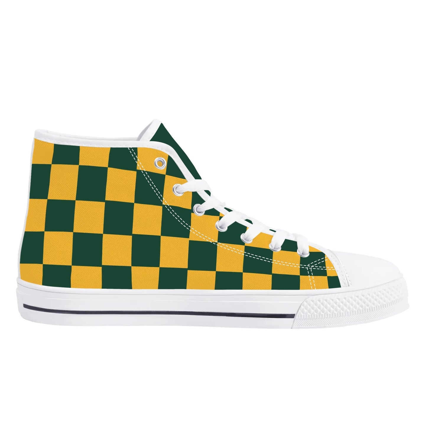 GreenBay Packers - Checkered Pattern - Mens High Top Canvas Shoes - GreenBay Green Tongue