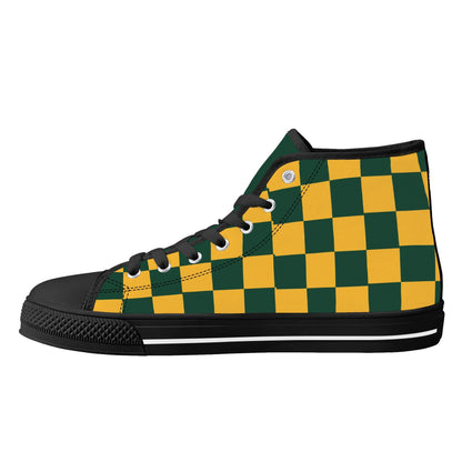 GreenBay Packers - Checkered Pattern - Mens High Top Canvas Shoes - GreenBay Green Tongue