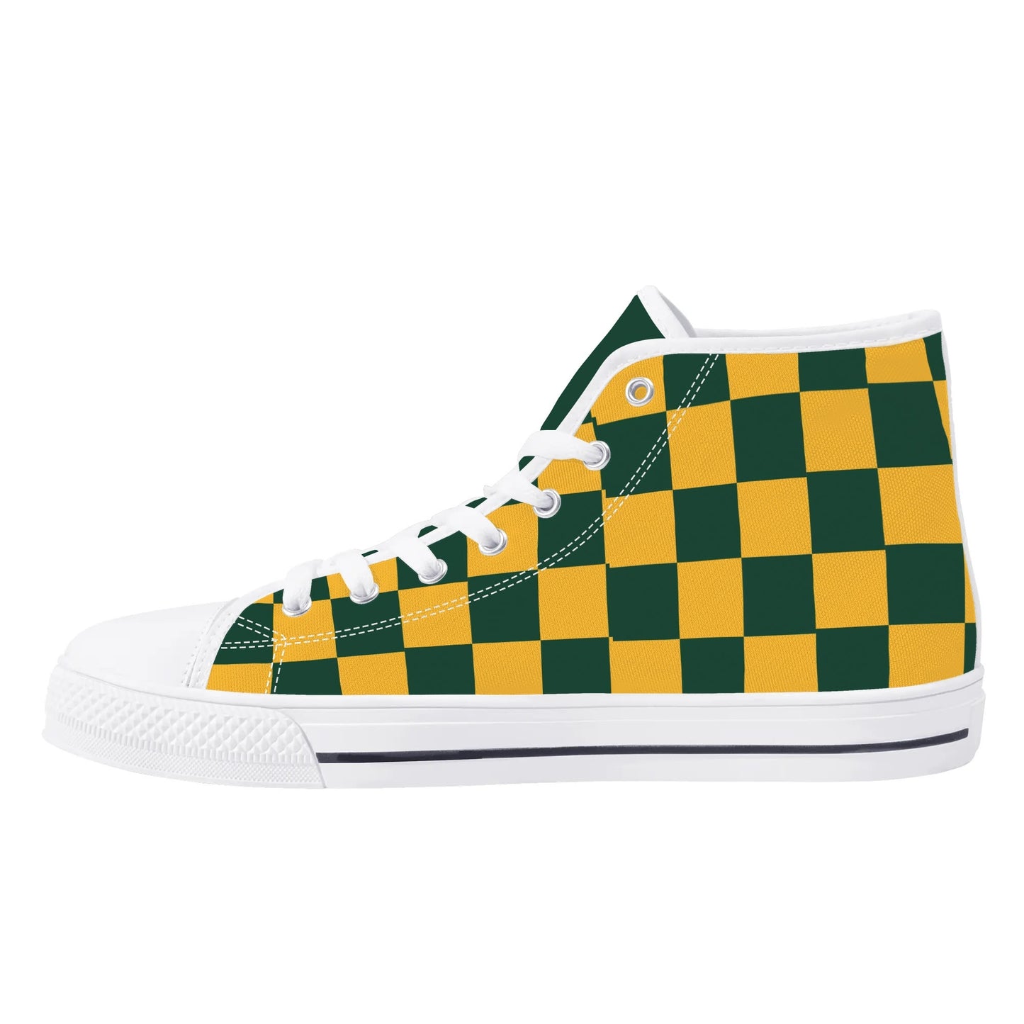 GreenBay Packers - Checkered Pattern - Mens High Top Canvas Shoes - GreenBay Green Tongue