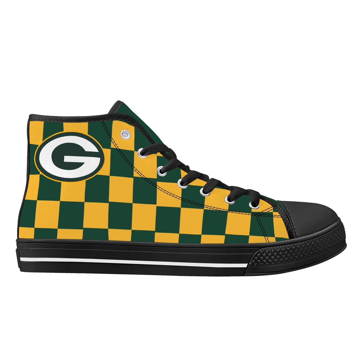 GreenBay Packers - Checkered Pattern - Mens High Top Canvas Shoes - GreenBay Green Tongue