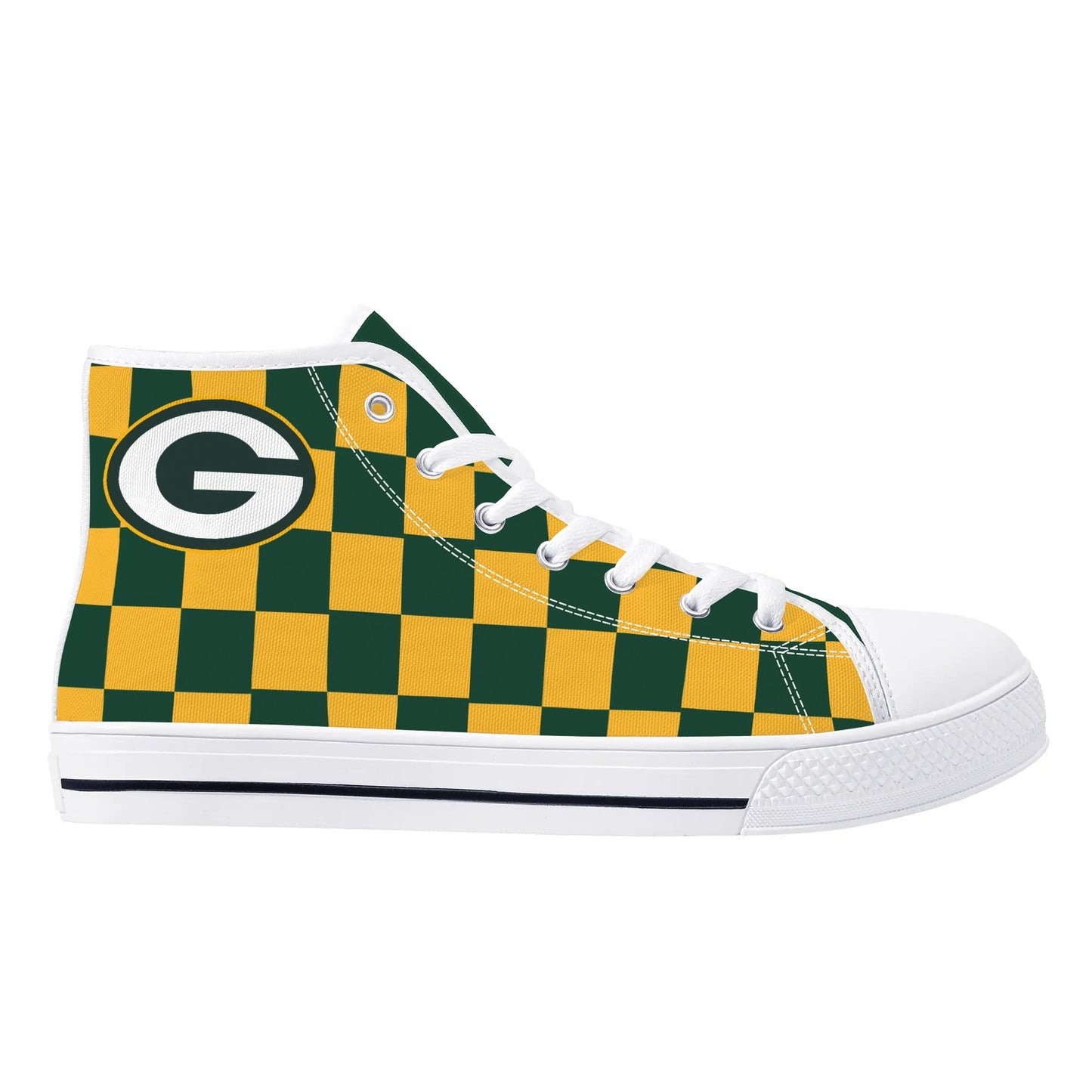 GreenBay Packers - Checkered Pattern - Mens High Top Canvas Shoes - GreenBay Green Tongue