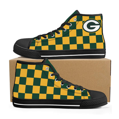 GreenBay Packers - Checkered Pattern - Mens High Top Canvas Shoes - GreenBay Green Tongue