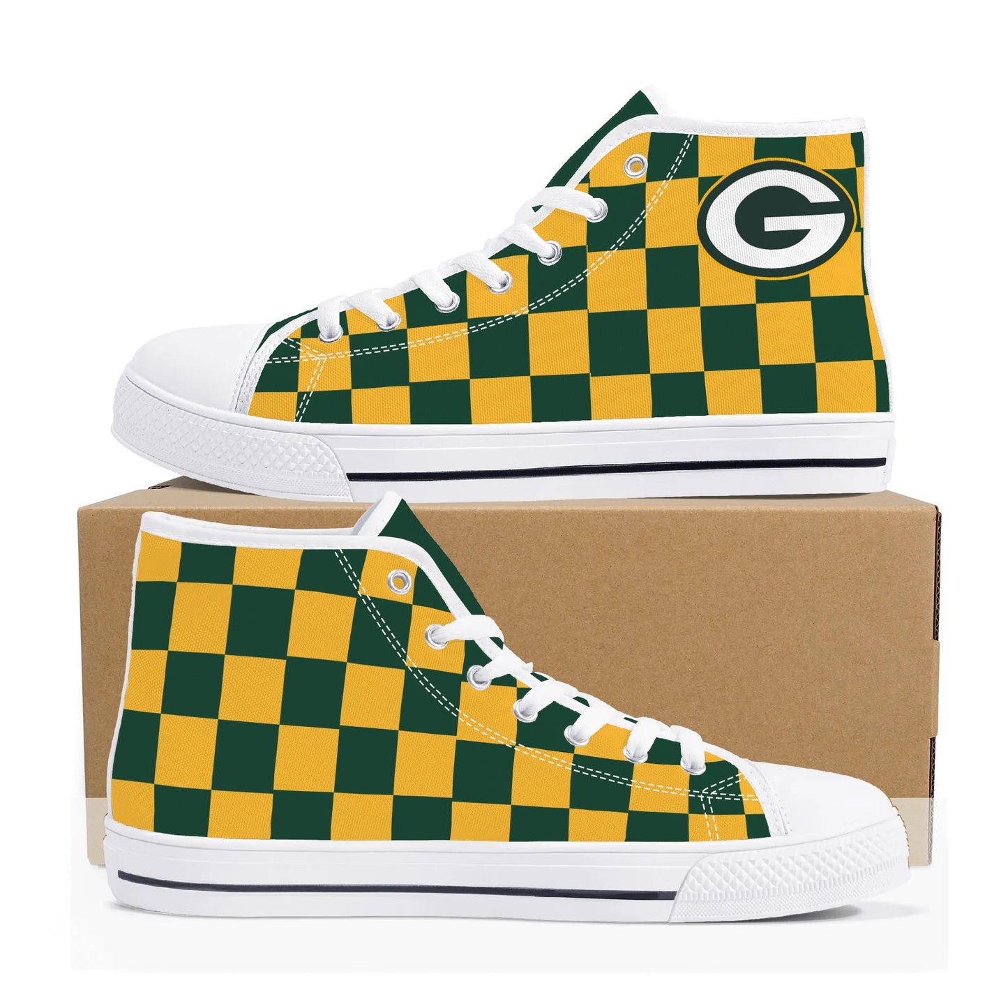 GreenBay Packers - Checkered Pattern - Mens High Top Canvas Shoes - GreenBay Green Tongue