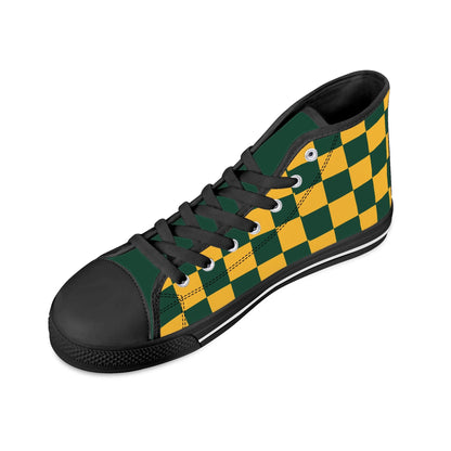 GreenBay Packers - Checkered Pattern - Mens High Top Canvas Shoes - GreenBay Green Tongue