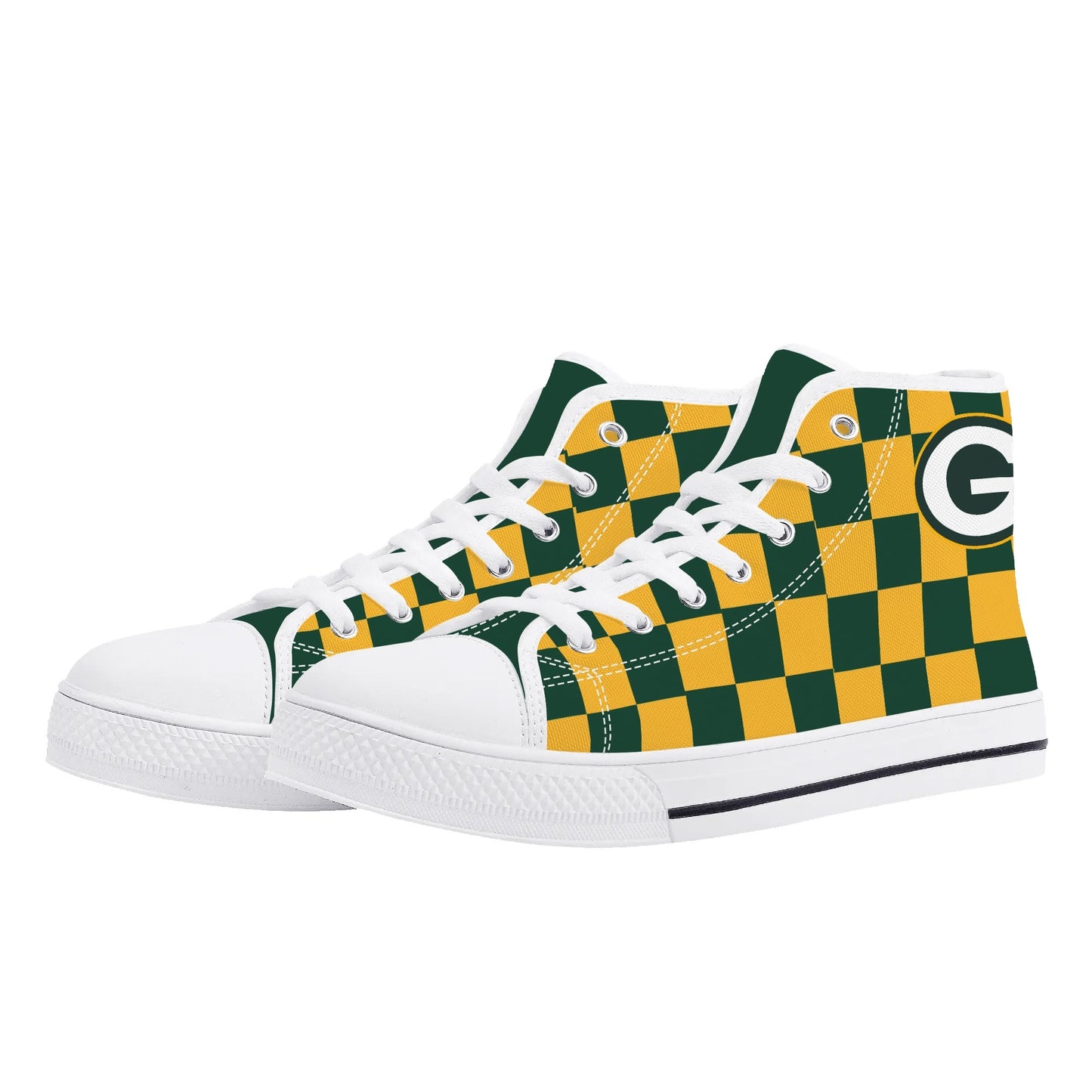 GreenBay Packers - Checkered Pattern - Mens High Top Canvas Shoes - GreenBay Green Tongue