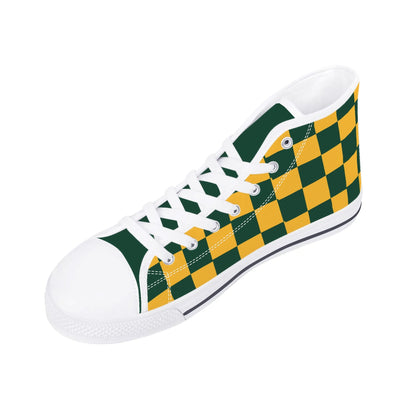 GreenBay Packers - Checkered Pattern - Mens High Top Canvas Shoes - GreenBay Green Tongue