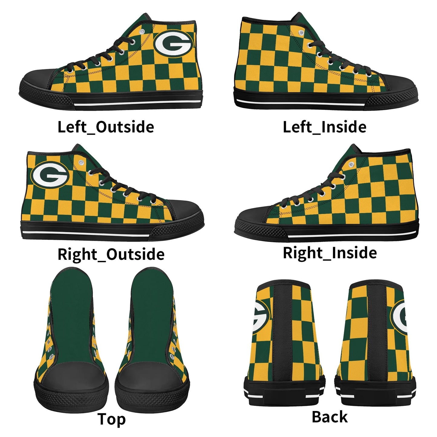 GreenBay Packers - Checkered Pattern - Mens High Top Canvas Shoes - GreenBay Green Tongue