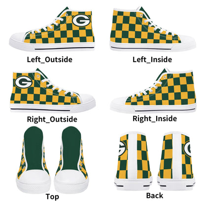 GreenBay Packers - Checkered Pattern - Mens High Top Canvas Shoes - GreenBay Green Tongue