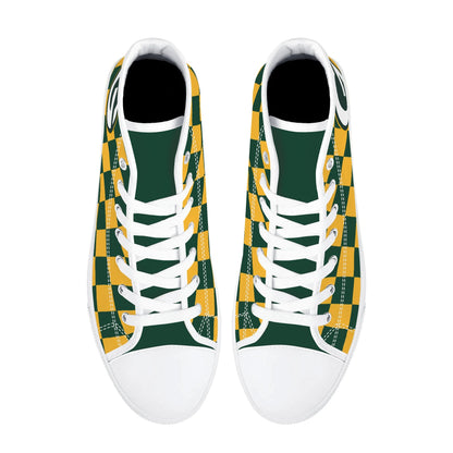 GreenBay Packers - Checkered Pattern - Mens High Top Canvas Shoes - GreenBay Green Tongue