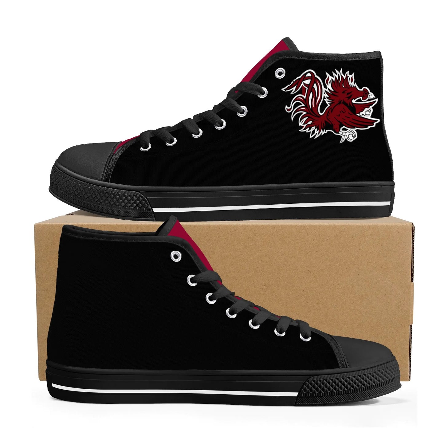 USC Gamecocks - BLACK AND GARNET Mens High Top Canvas Shoes - Gamecock Logo Tongue