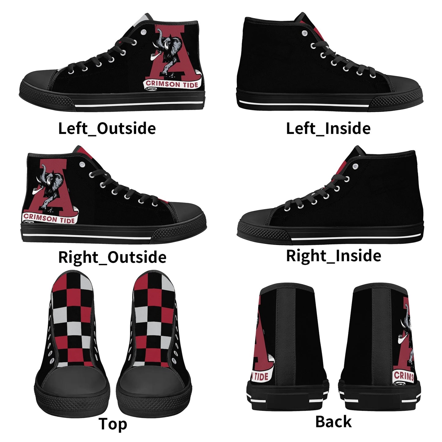 ALABAMA CRIMSON TIDE - Mens High Top Canvas Shoes  - BLACK / Checkered Tongue