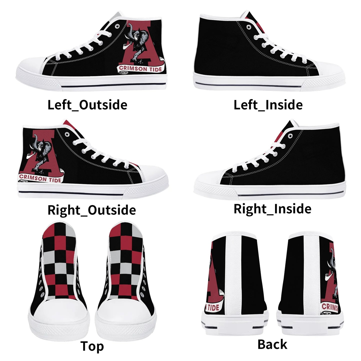 ALABAMA CRIMSON TIDE - Mens High Top Canvas Shoes  - BLACK / Checkered Tongue