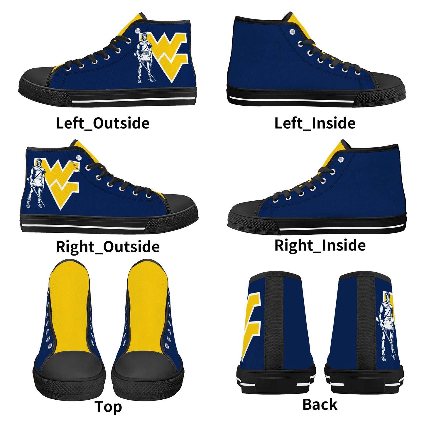 West Virginia Mountaineers - Mens High Top Canvas Shoes - YELLOW GOLD TONGUE