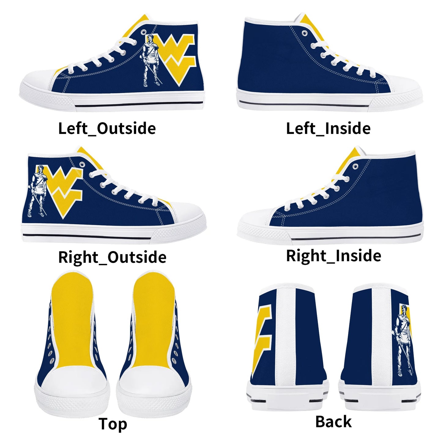 West Virginia Mountaineers - Mens High Top Canvas Shoes - YELLOW GOLD TONGUE