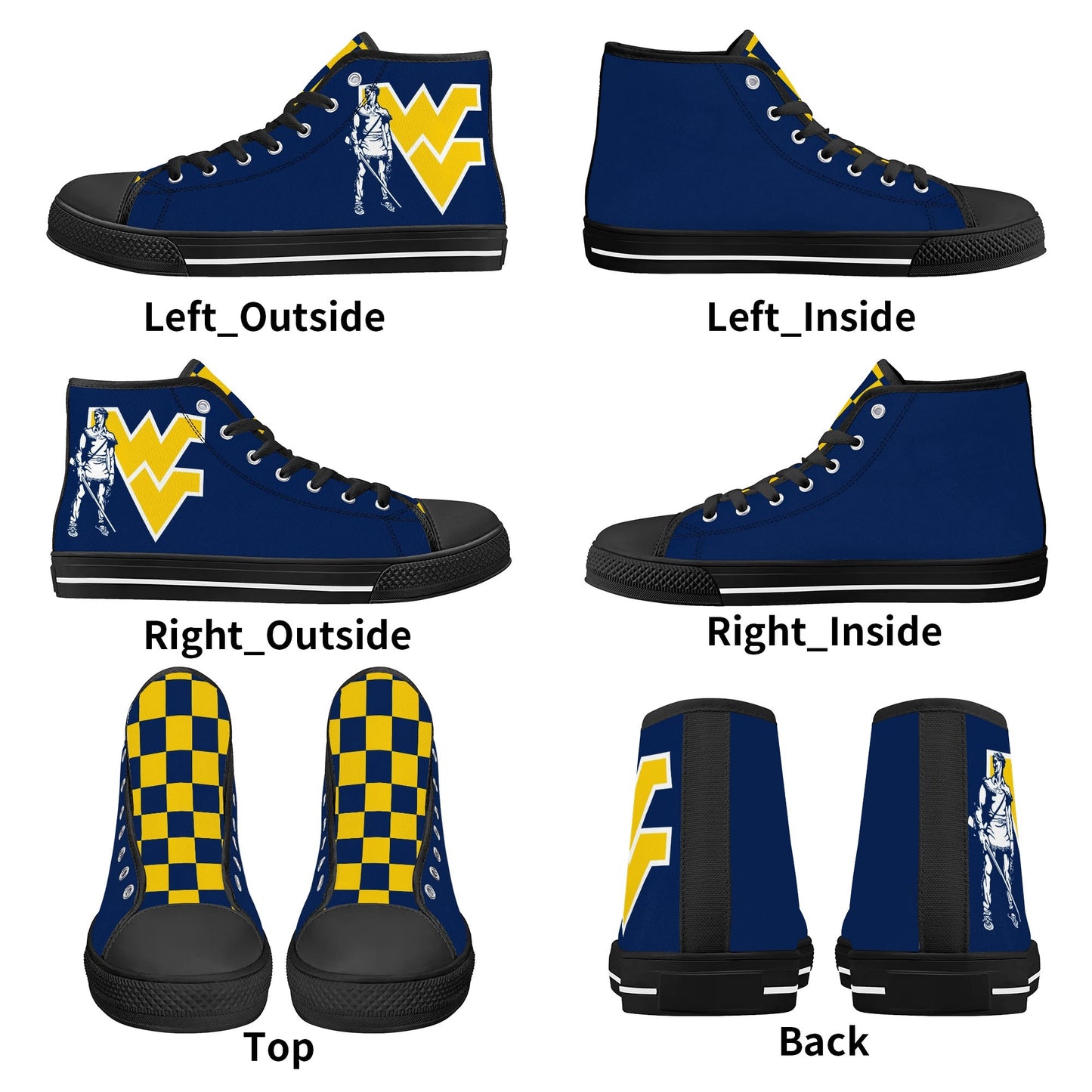 West Virginia Mountaineers - Mens High Top Canvas Shoes - Checkered Tongue