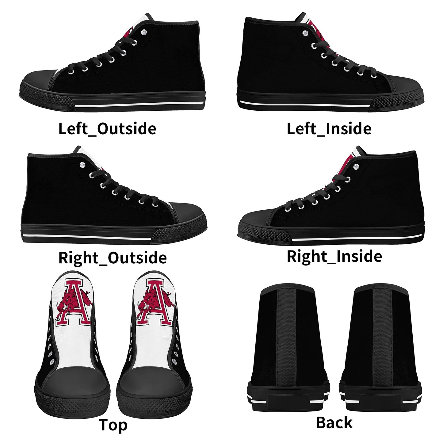 ARKANSAS RAZORBACKS - Mens High Top Canvas Shoes - White Tongue