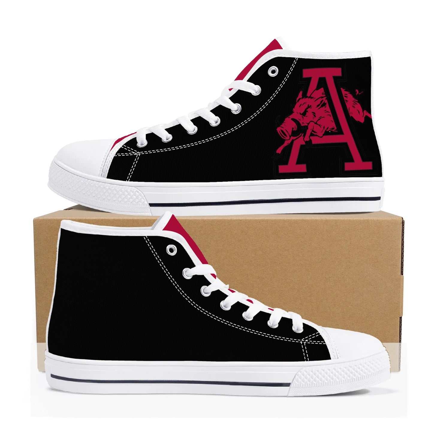 Arkansas Razorbacks LOGO ON SIDE - Mens High Top Canvas Shoes - Red Tongue