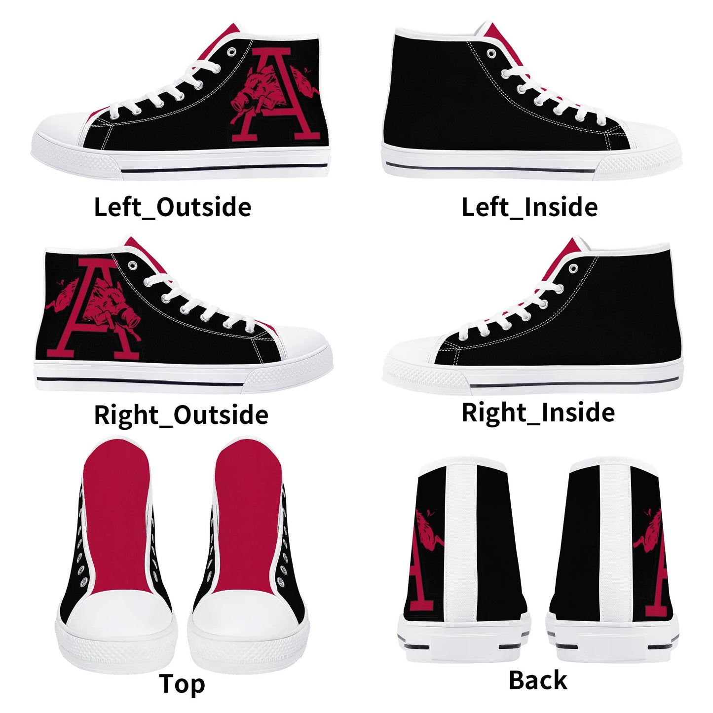 Arkansas Razorbacks LOGO ON SIDE - Mens High Top Canvas Shoes - Red Tongue