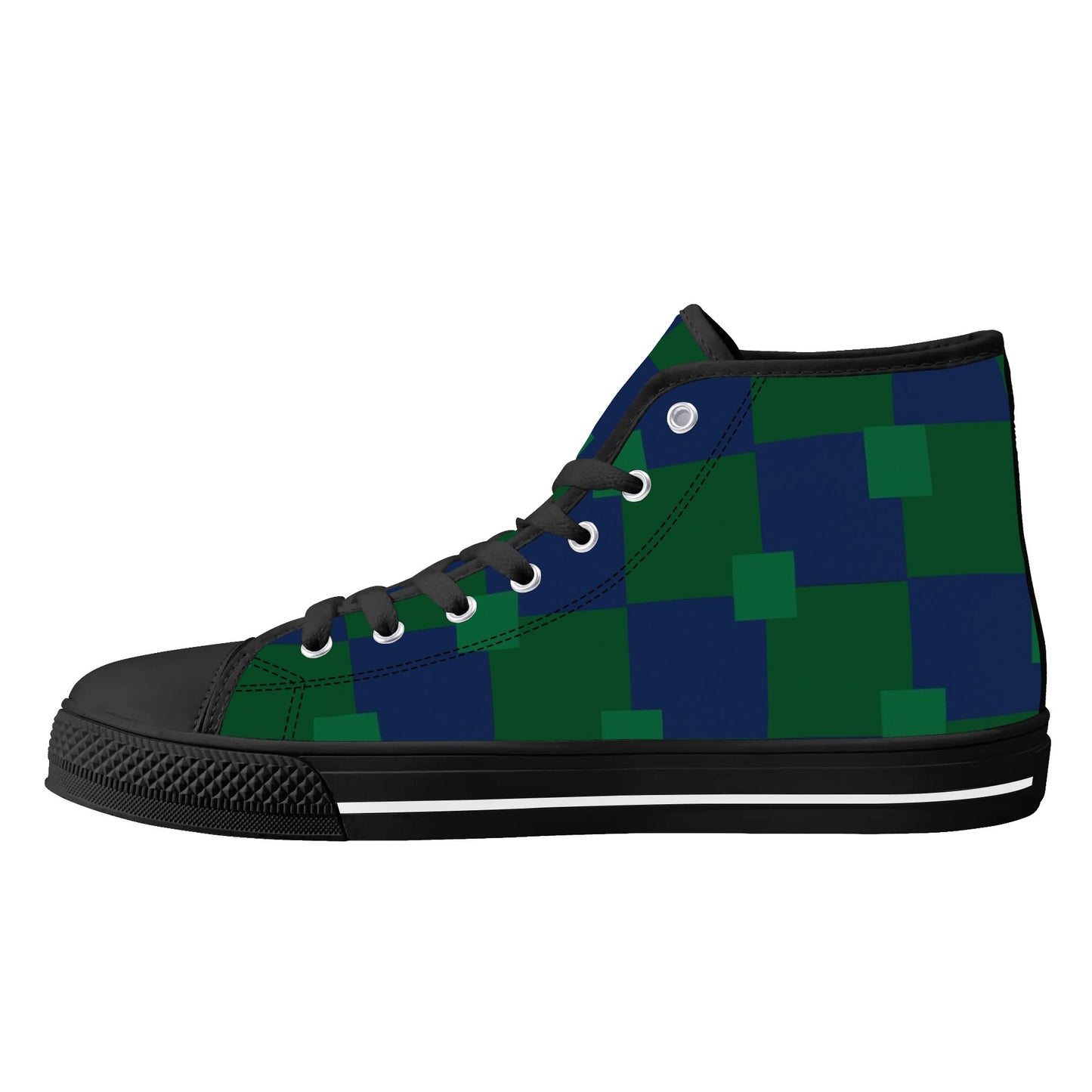 BLUE AND GREEN CHECKERED - Mens High Top Canvas Shoes