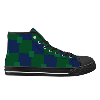 BLUE AND GREEN CHECKERED - Mens High Top Canvas Shoes