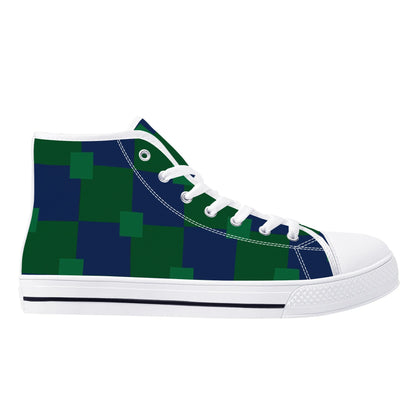 BLUE AND GREEN CHECKERED - Mens High Top Canvas Shoes