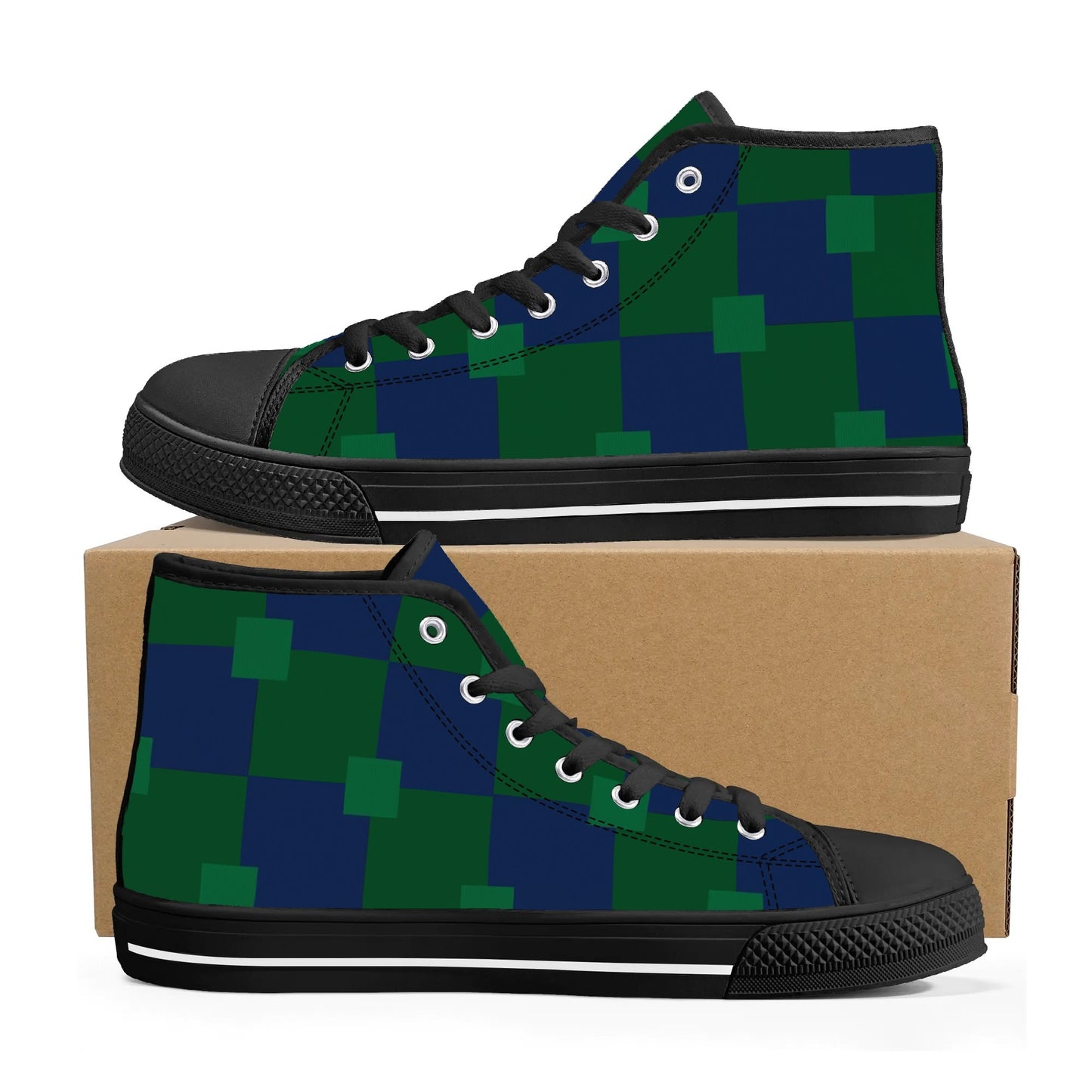 BLUE AND GREEN CHECKERED - Mens High Top Canvas Shoes