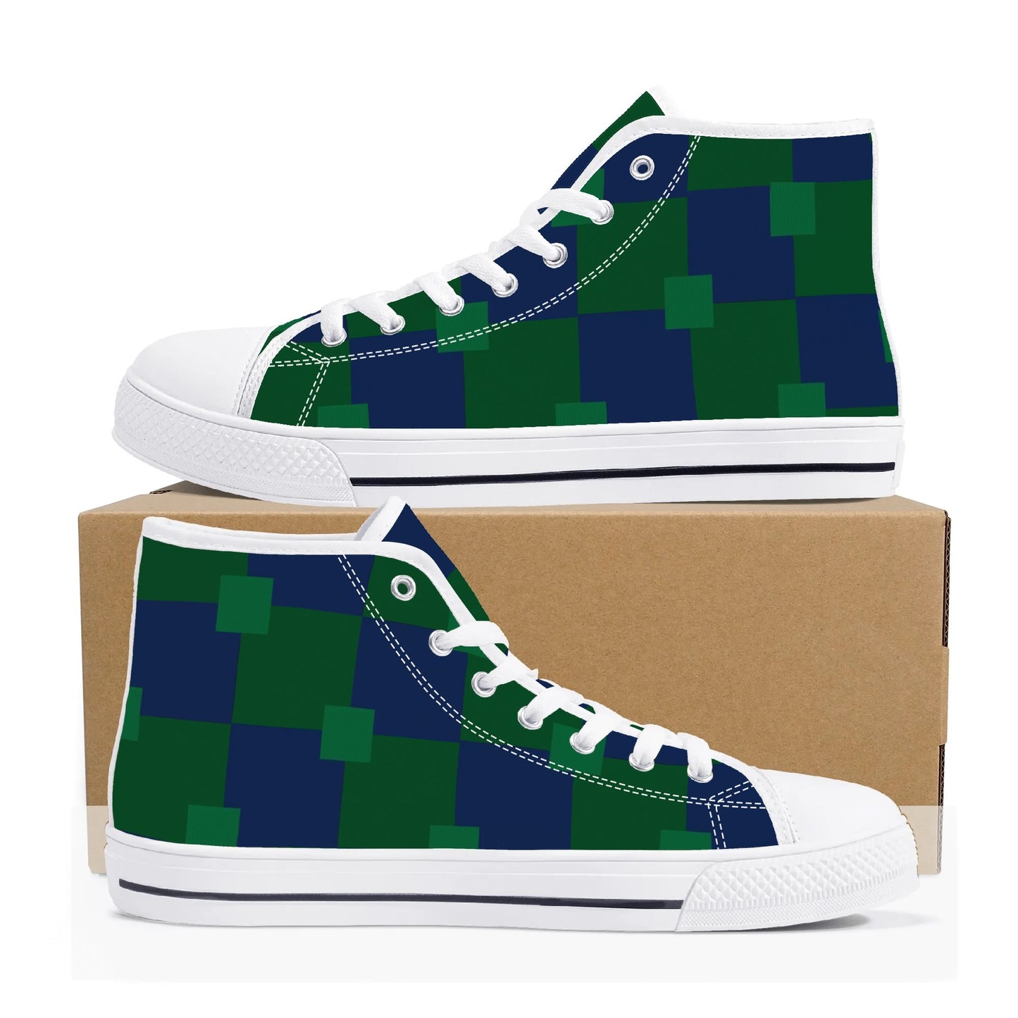 BLUE AND GREEN CHECKERED - Mens High Top Canvas Shoes