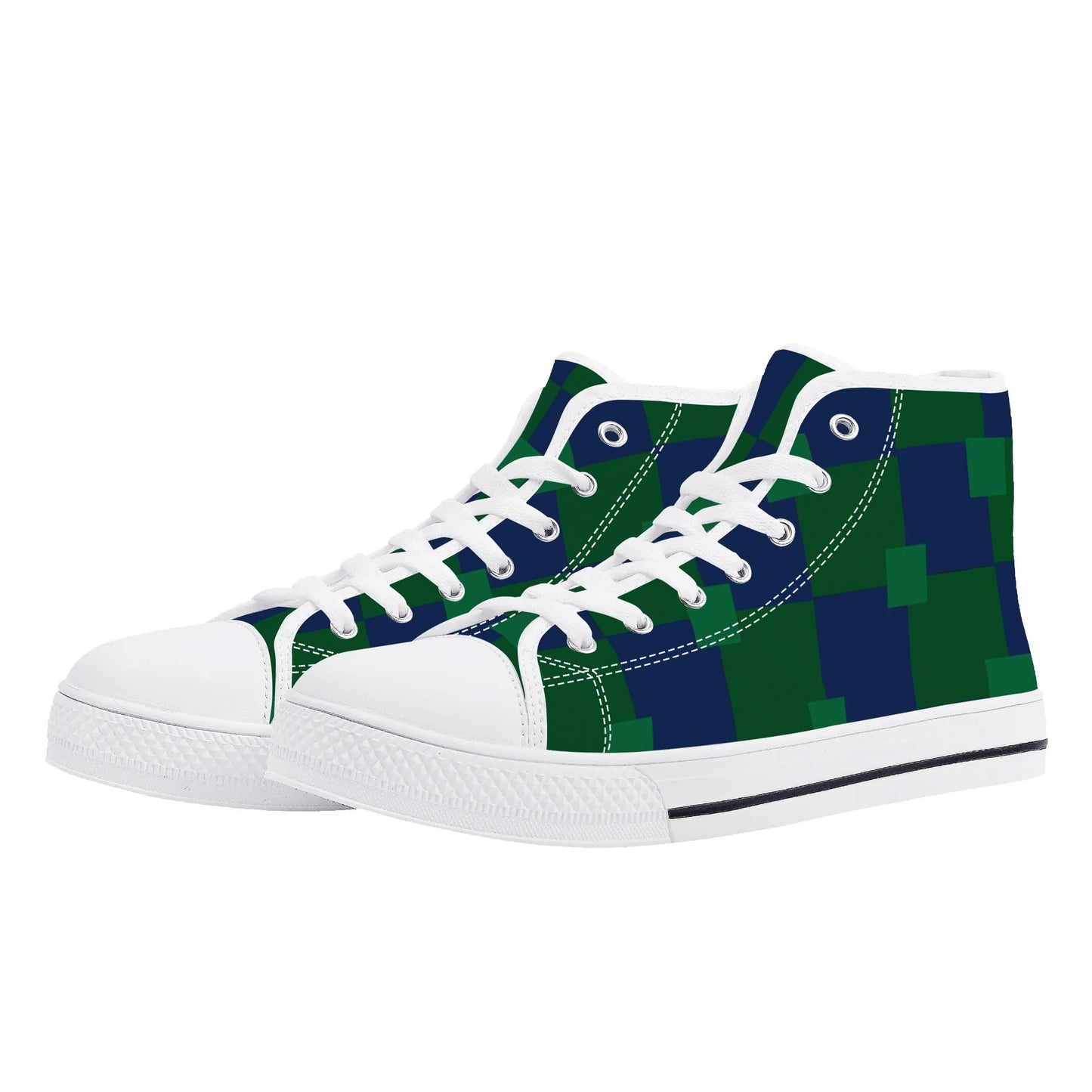 BLUE AND GREEN CHECKERED - Mens High Top Canvas Shoes