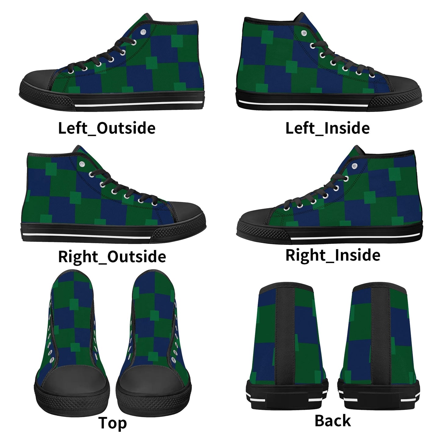 BLUE AND GREEN CHECKERED - Mens High Top Canvas Shoes